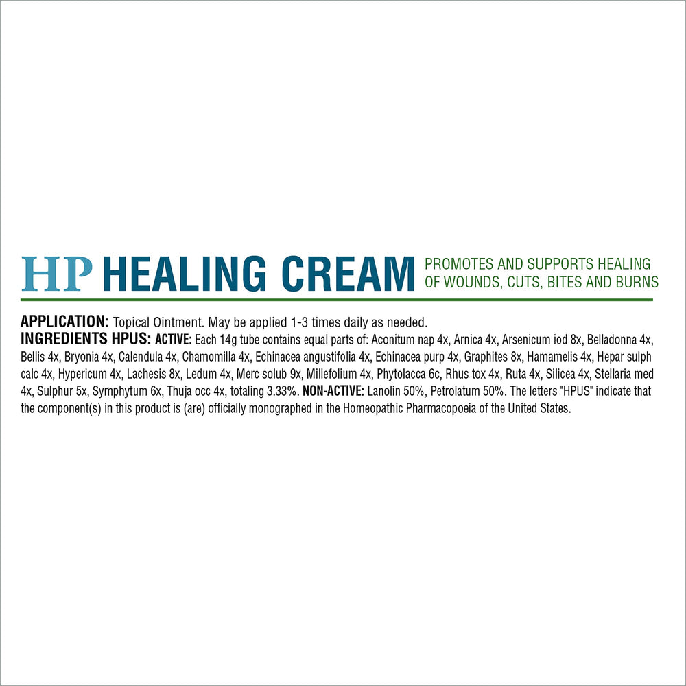 Close-up of HomeoPet HP Healing Cream bottle showing natural ingredients.