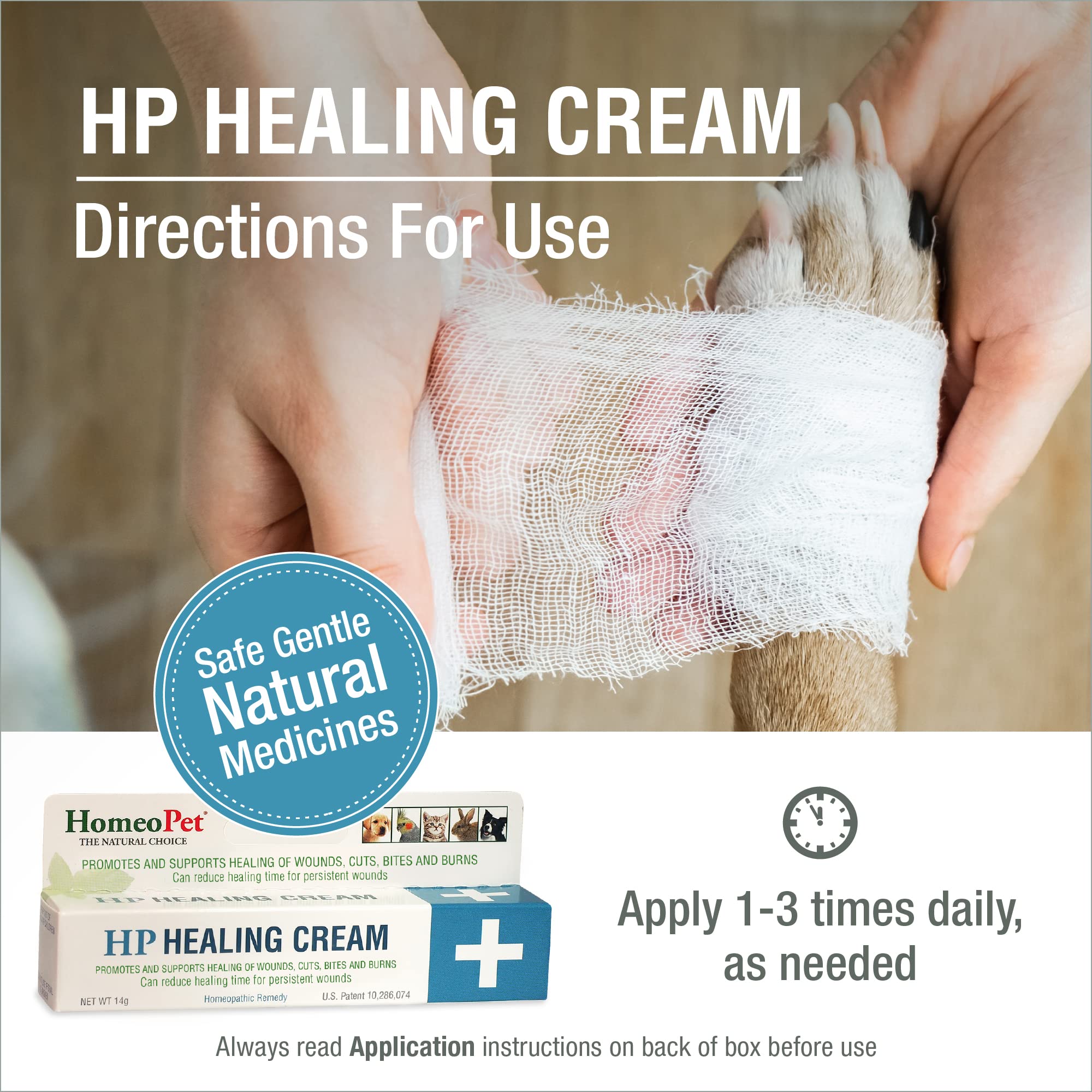 Packaging label on tube for HomeoPet HP Healing Cream.