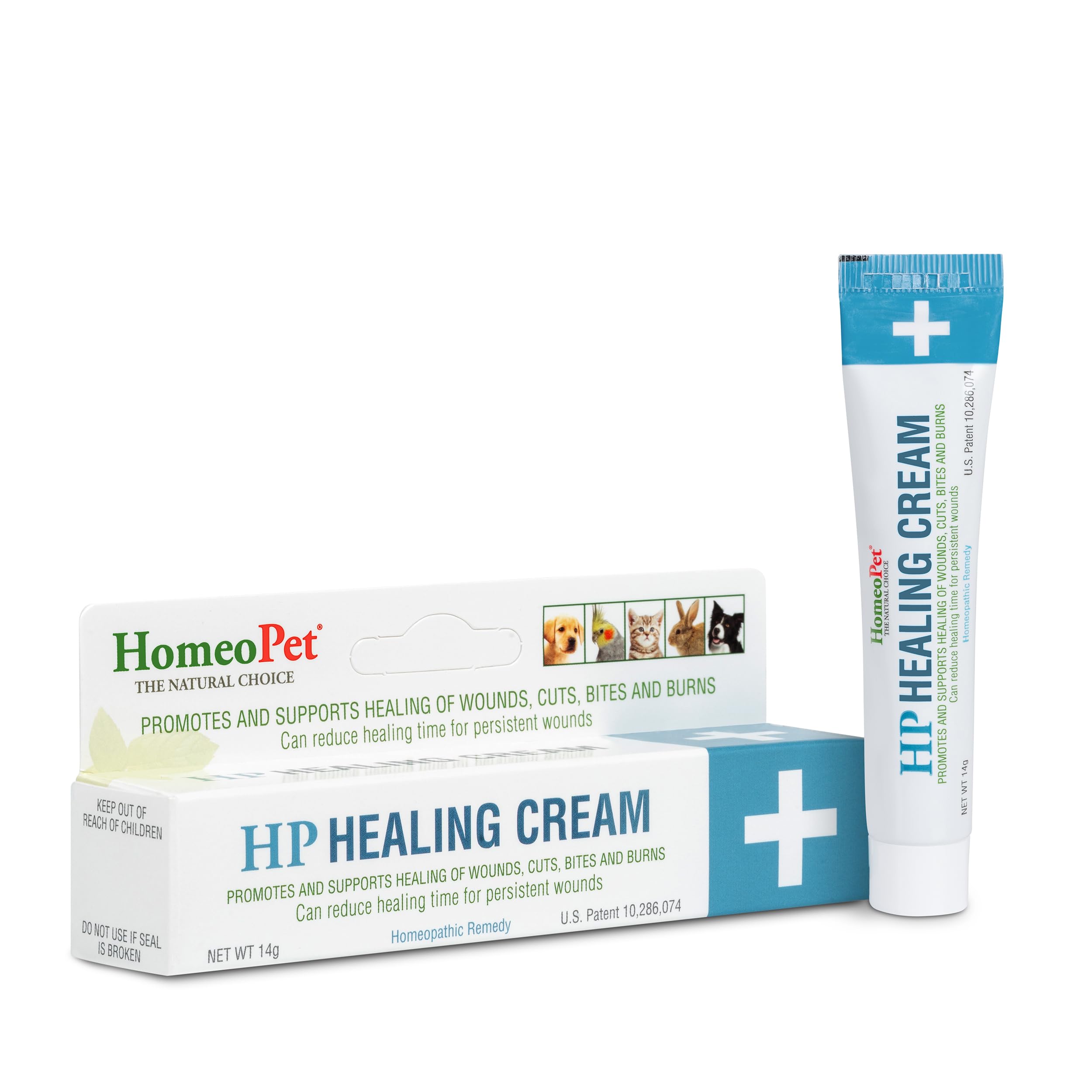 HomeoPet HP Healing Cream tube close-up for gentle pet wound care.