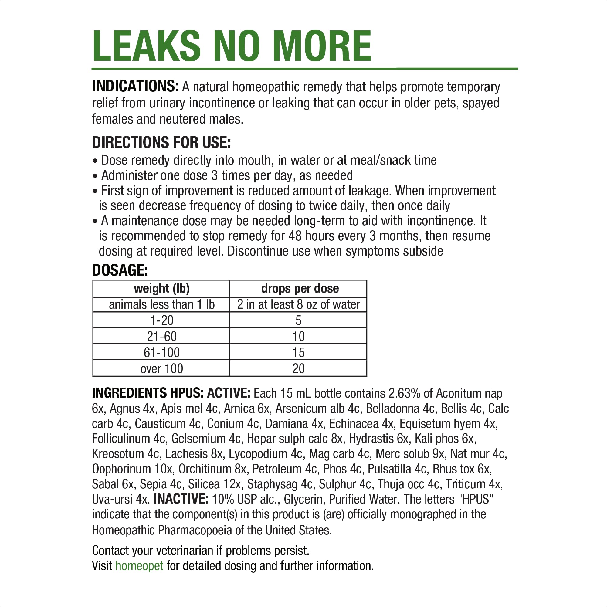 HomeoPet Leaks No More all-ages highlights suitability for young and senior pets.