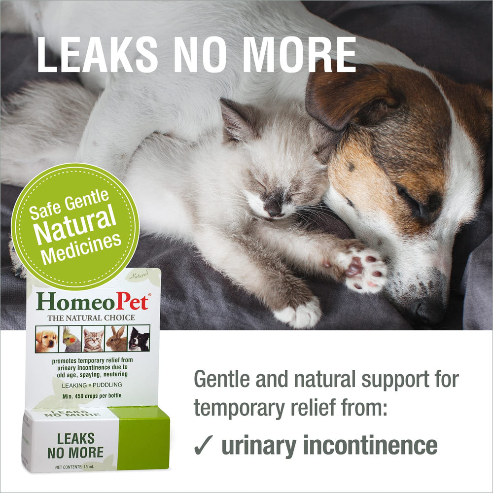 HomeoPet Leaks No More drops-dispense supports simple dosing at meals.