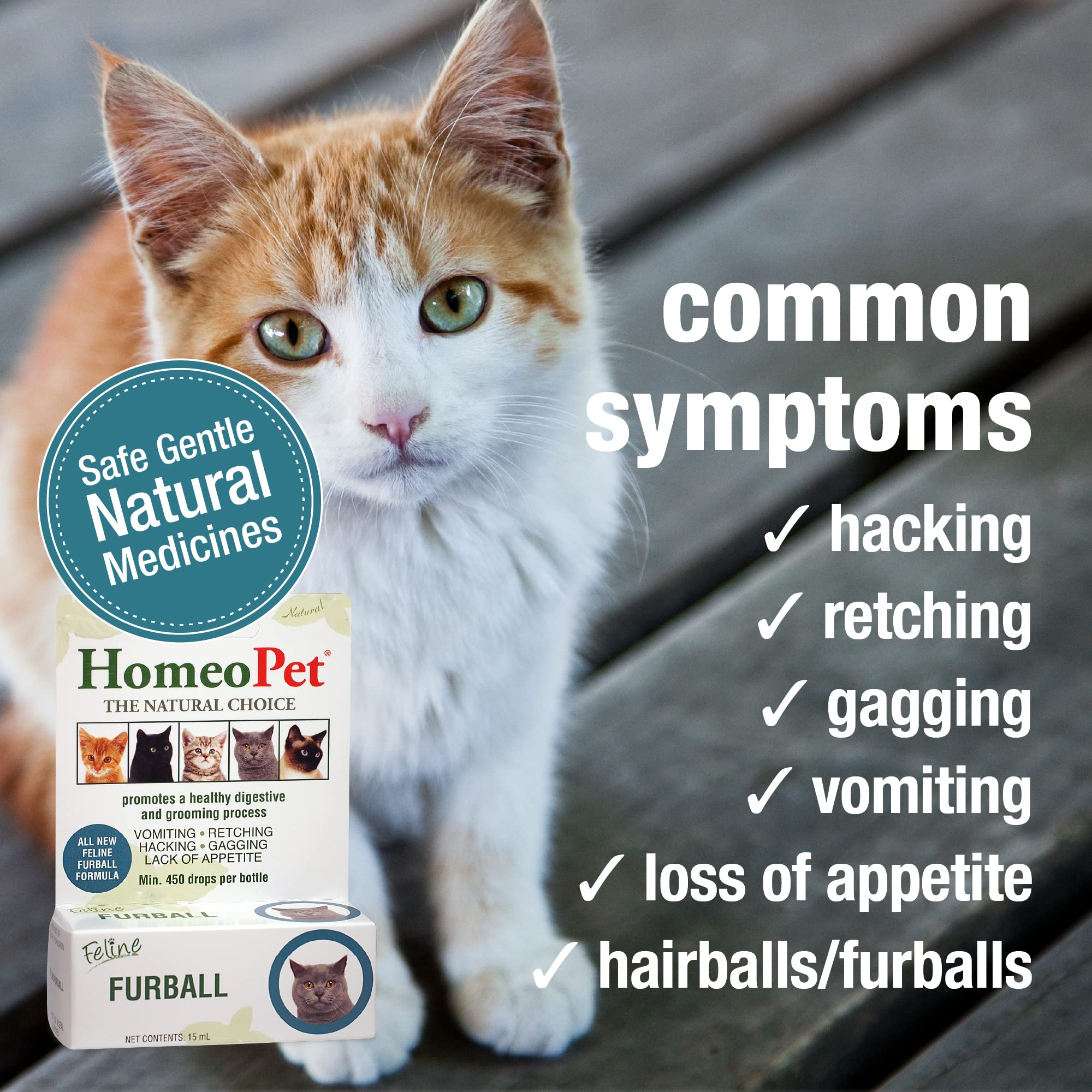 HomeoPet natural ingredients label highlights safe, gentle formula for cats.