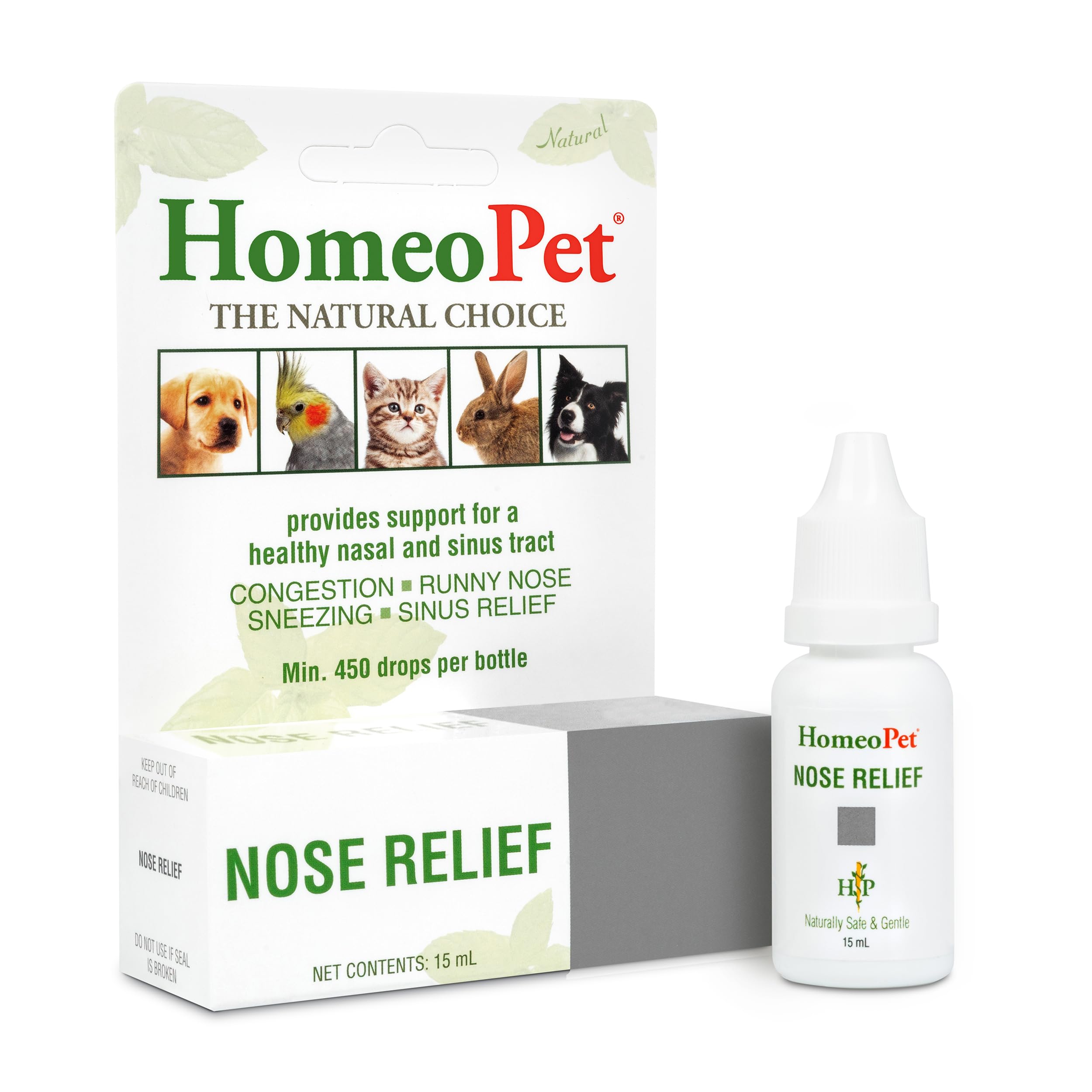 HomeoPet Nose Relief bottle closeup illustrating natural nasal support for pets