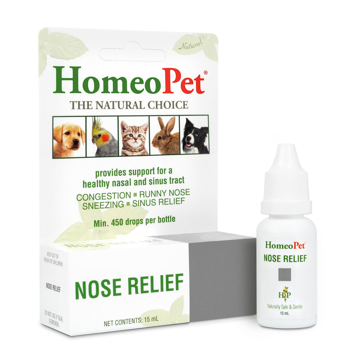 HomeoPet Nose Relief bottle closeup illustrating natural nasal support for pets