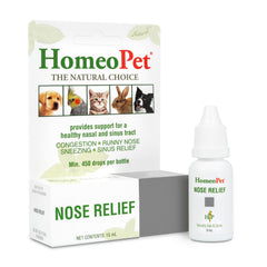 HomeoPet Nose Relief bottle closeup illustrating natural nasal support for pets