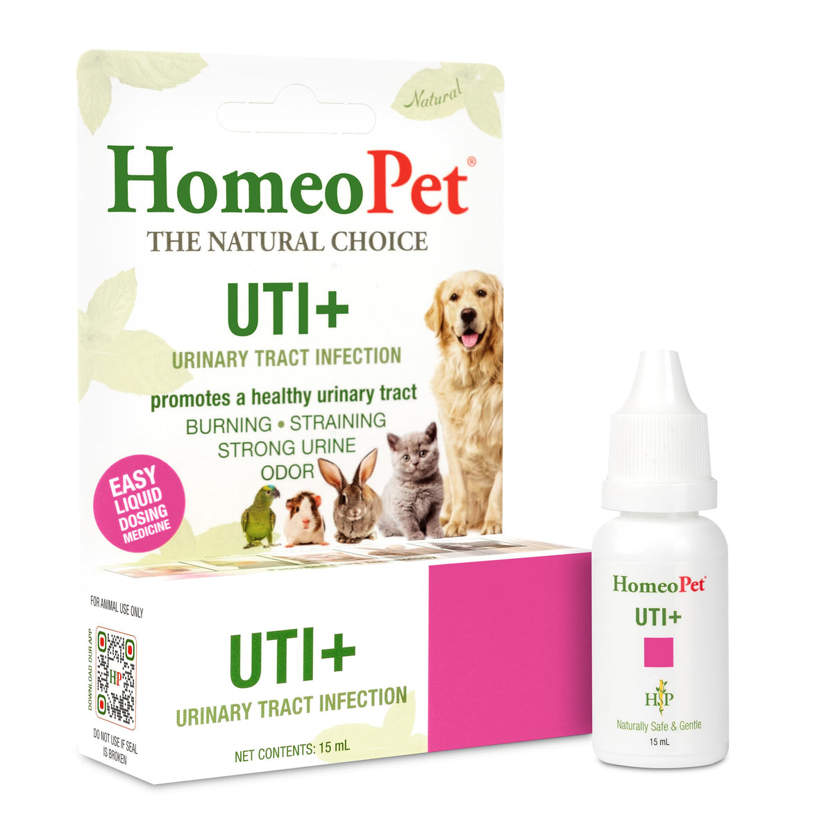 HomeoPet UTI+ frasco con dosis para administración directa, fácil de usar.
