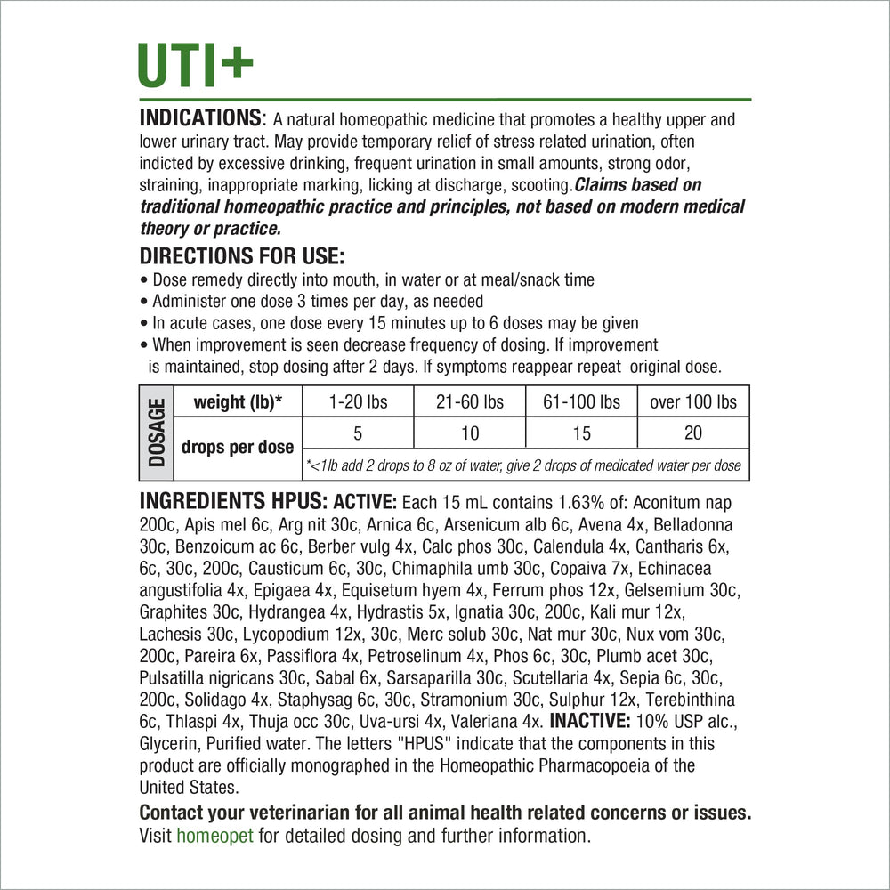 HomeoPet UTI+ apoyo suave para vías urinarias.