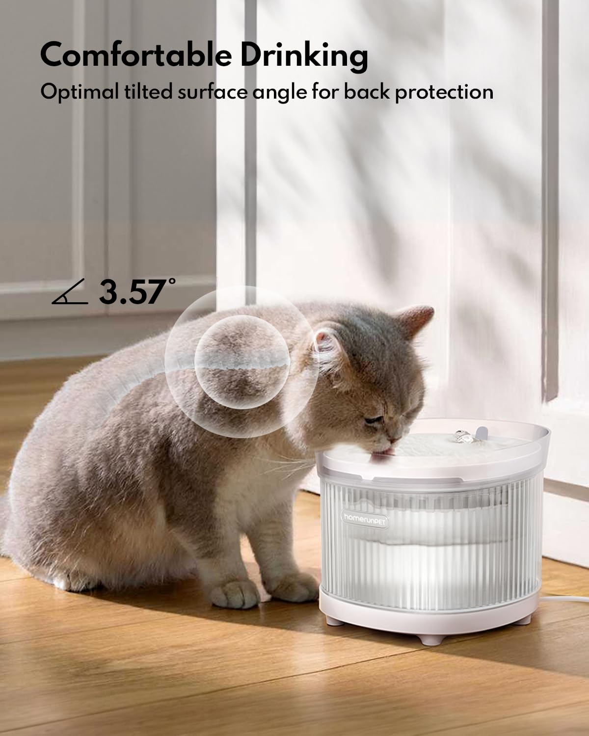 HomeRunPet wireless pump cat fountain visible water tank allows quick water level monitoring.