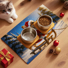 HOMETITUTE Christmas pet mat with festive design keeps feeding areas tidy.