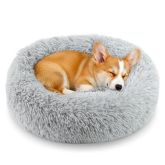 Homeuslynn calming anti-anxiety donuts bed front view emphasizes plush warmth for small pets.