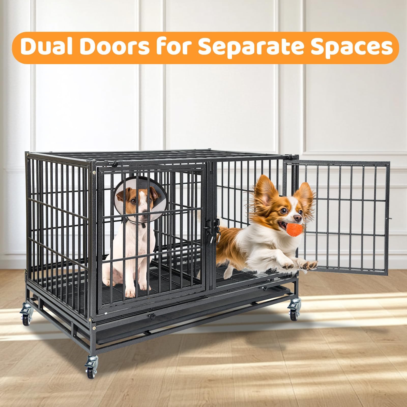 Homey Pet 43-inch crate with stainless steel bowls for convenient feeding