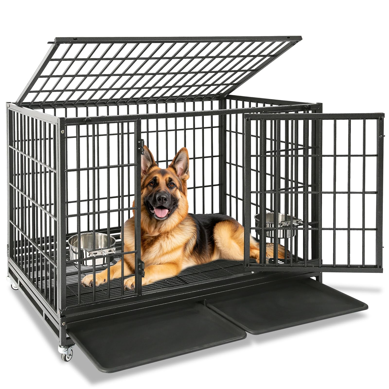 Homey Pet 48-inch crate front view shows sturdy steel for large breeds and durability.
