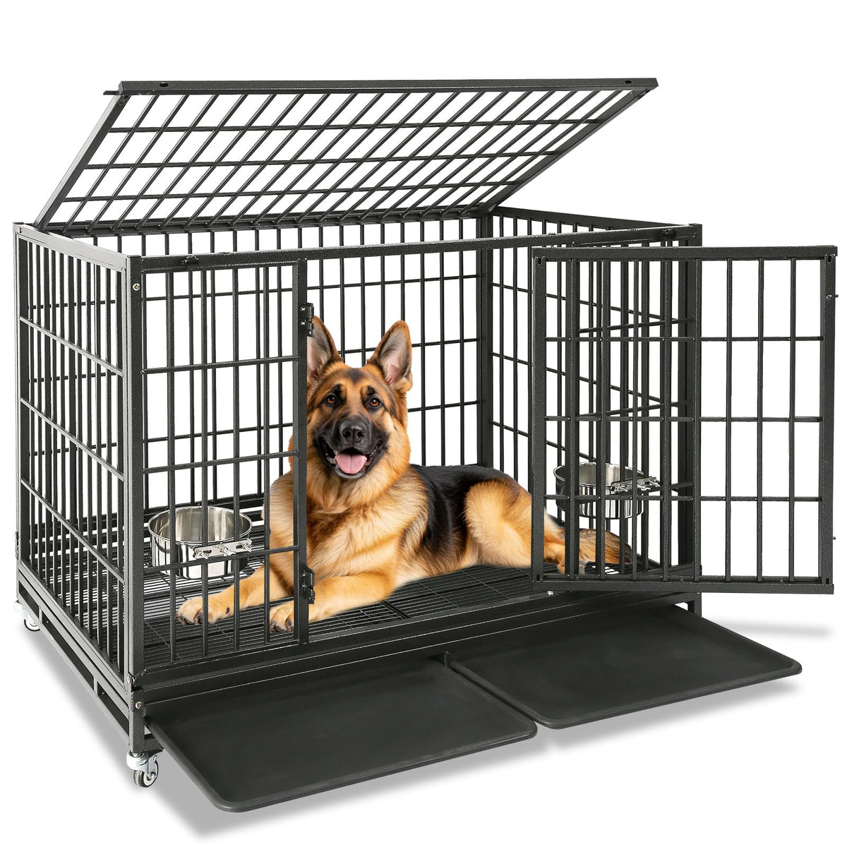 Homey Pet 48-inch crate front view shows sturdy steel for large breeds and durability.