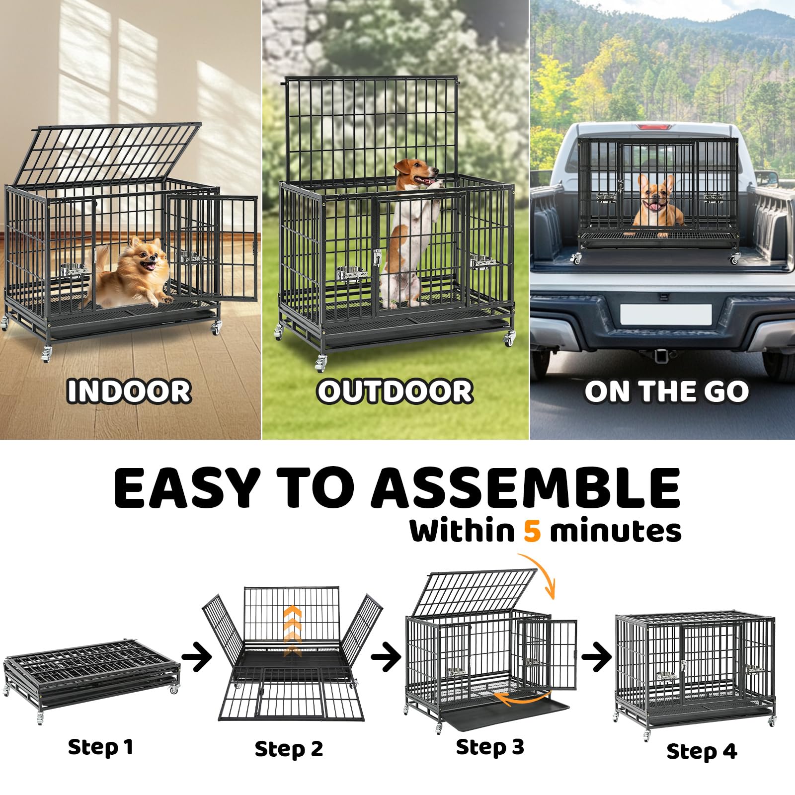 Homey Pet crate on wheels with lockable casters for easy movement.