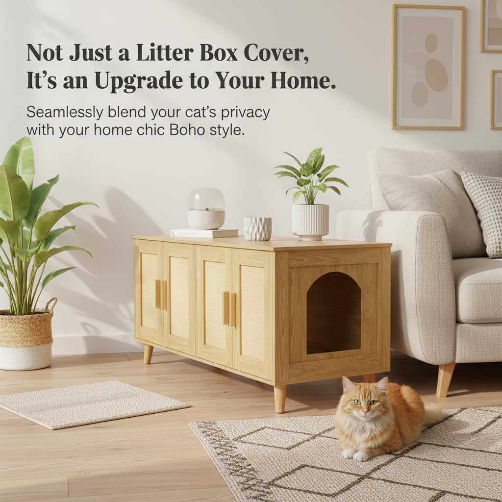 Homhedy Boho enclosure doubles as cat house and end table.