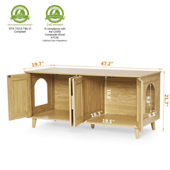 Homhedy Boho enclosure with double cabinets open for quick litter scooping.