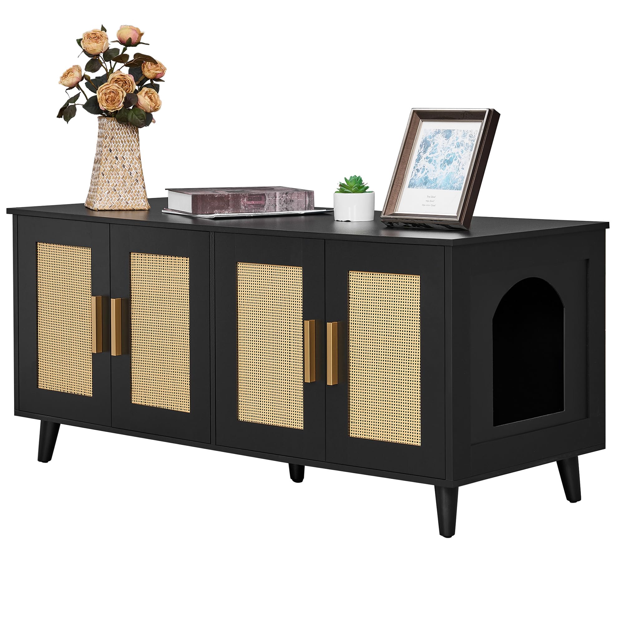 Homhedy boho cat litter box enclosure front doors conceal two litter areas.