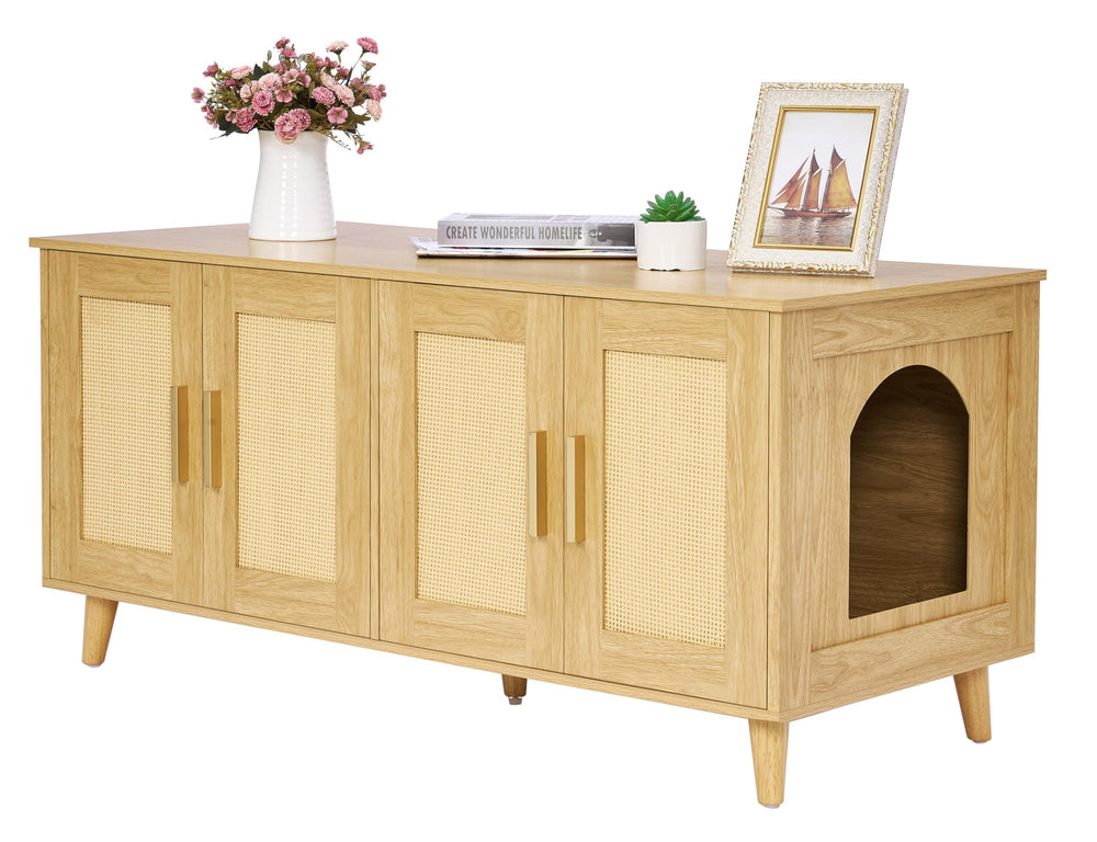 Homhedy Boho cat litter box enclosure front view with dual doors for easy access.