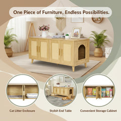 Homhedy Boho enclosure closeup of rattan doors and natural wood finish.