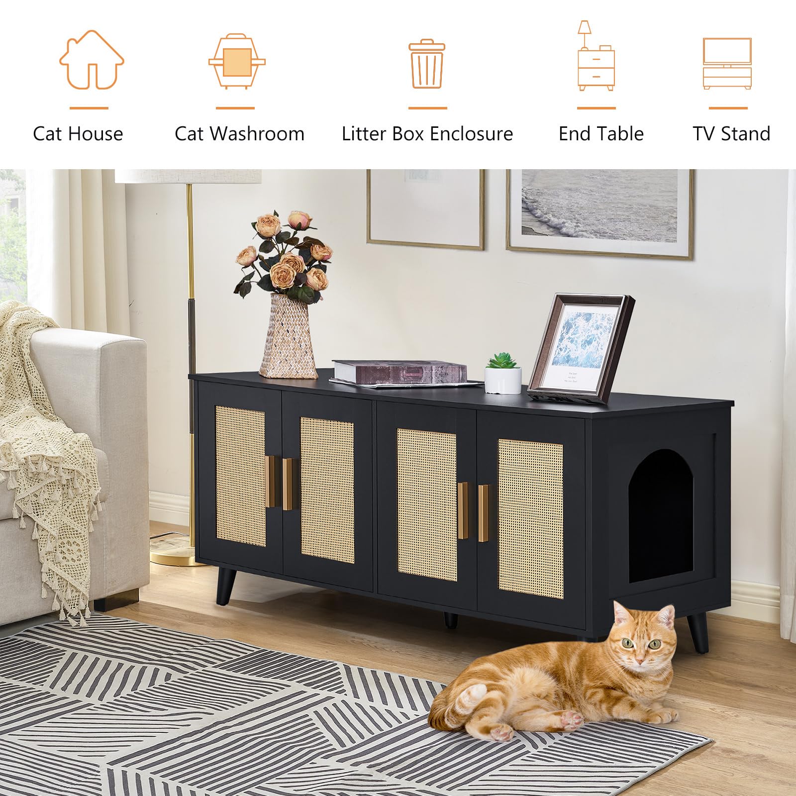 Homhedy boho cat litter enclosure water-resistant veneer surface for easy cleaning.