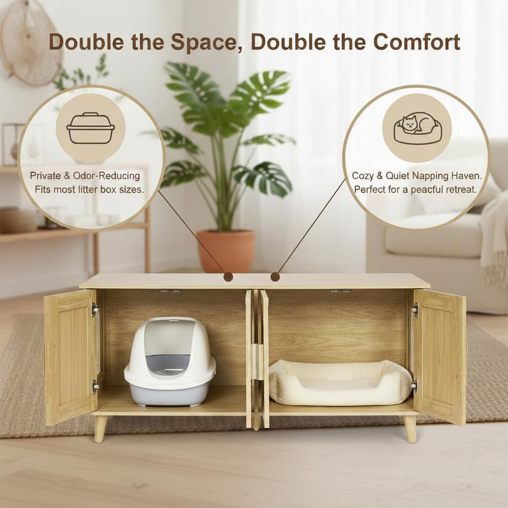 Homhedy Boho enclosure showing two-cat layout and spacious compartments.