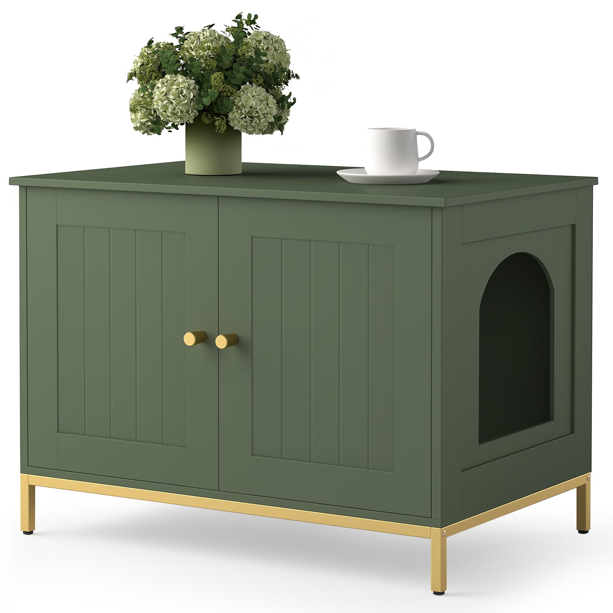 Homhedy cat litter box enclosure front view highlights green-gold frame privacy and tidy space