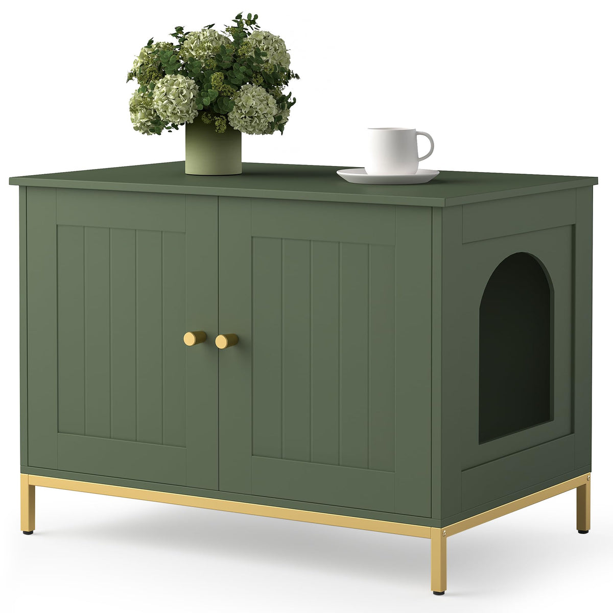 Homhedy cat litter box enclosure front view highlights green-gold frame privacy and tidy space