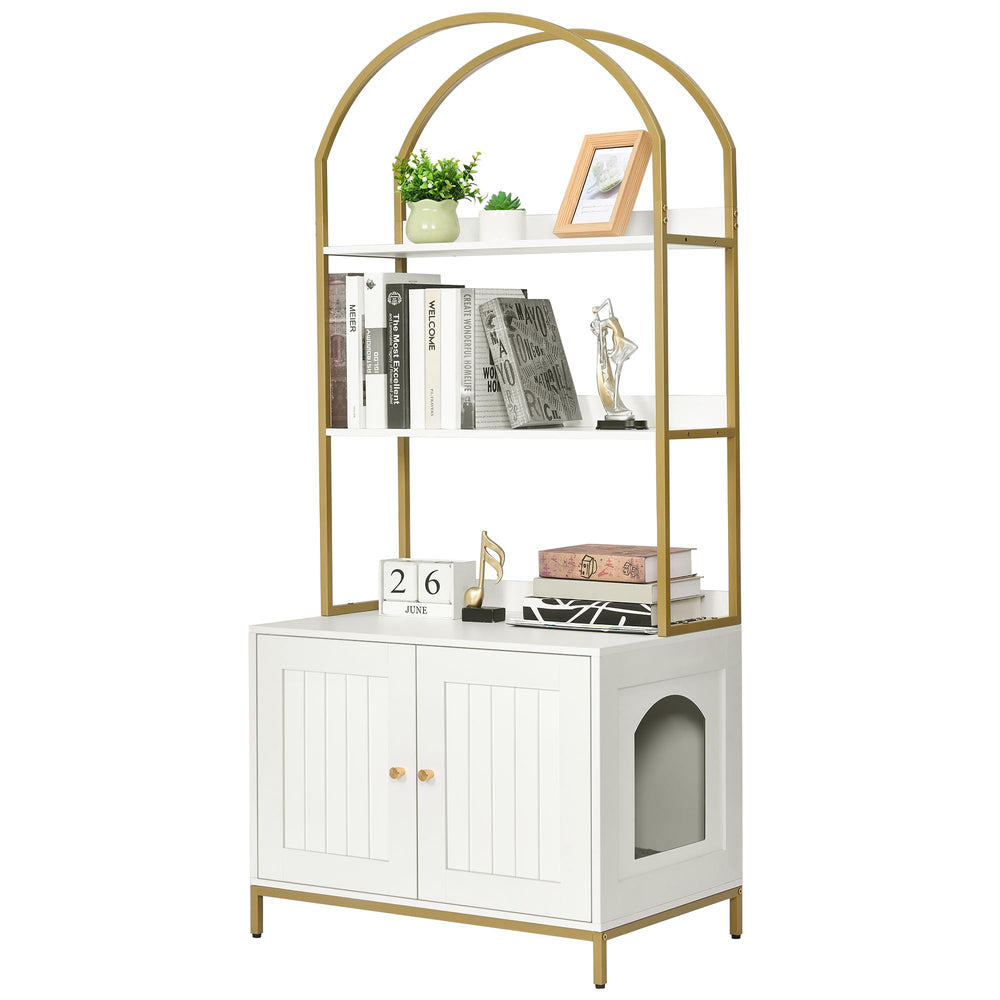 Homhedy cat litter box enclosure front view with white and gold frame for stylish hiding