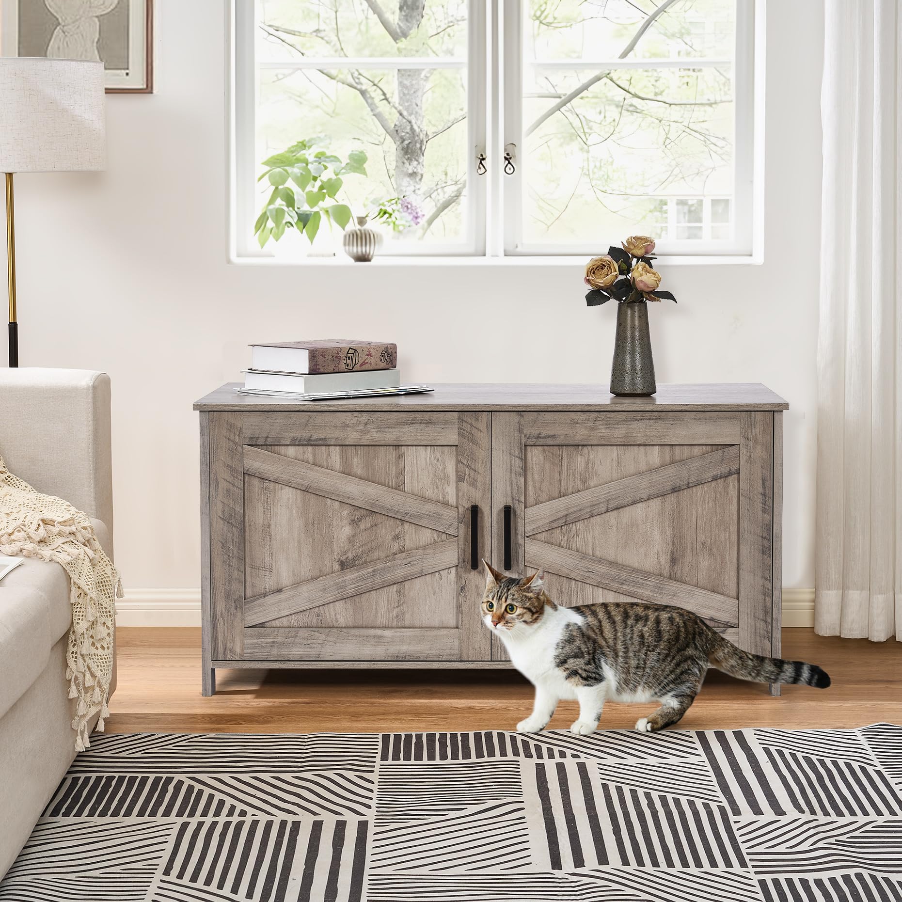 Homhedy cat litter box enclosure open-door setup enabling easy scooping and cleaning.