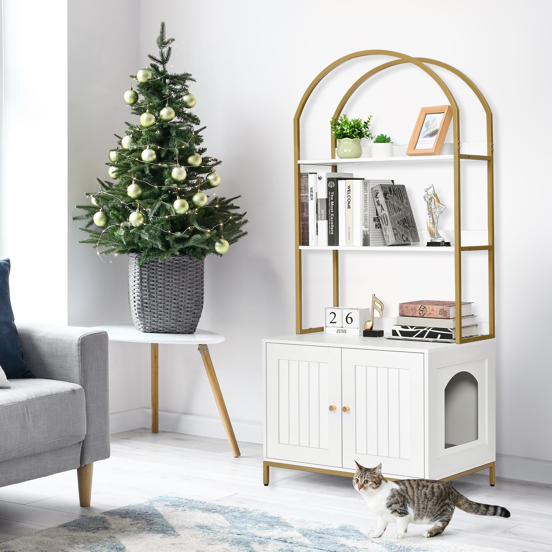 Homhedy enclosure side view shows top storage shelf for organized cat supplies