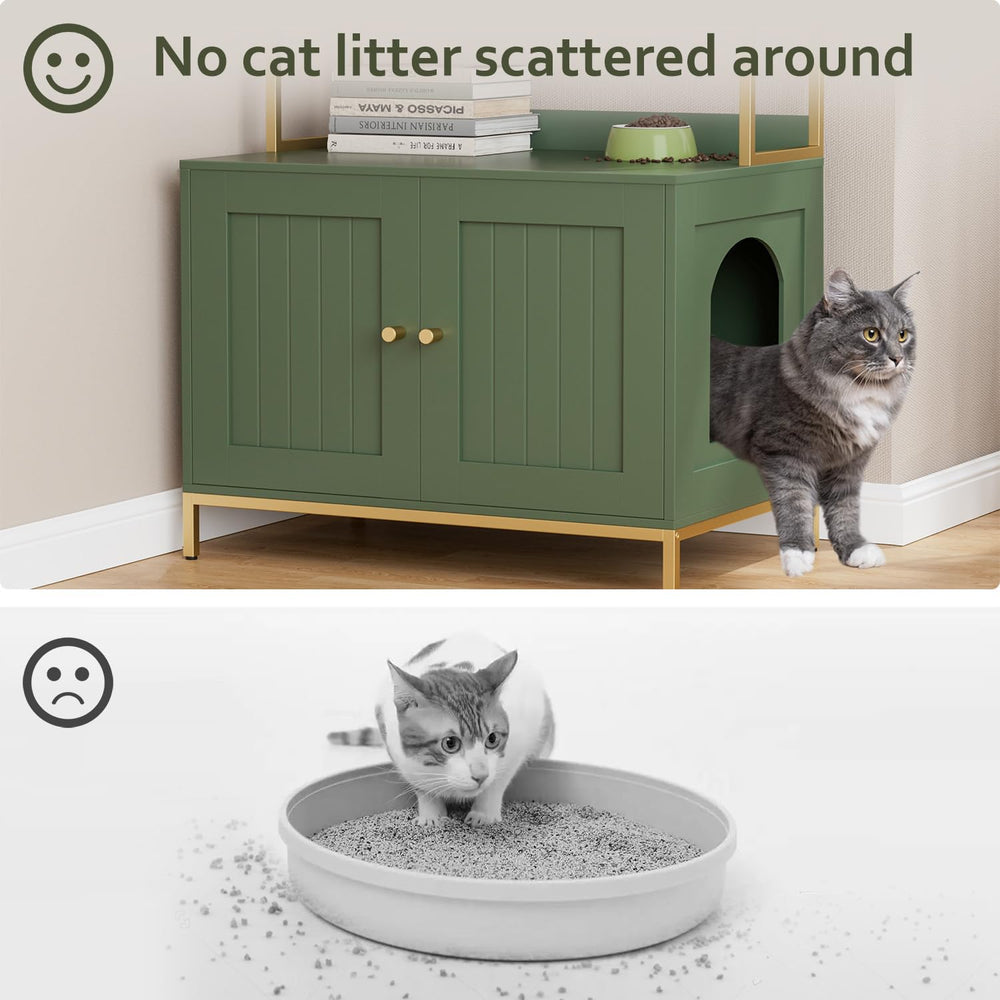 Homhedy cat litter box enclosure top shelf shows organized storage for cat supplies.