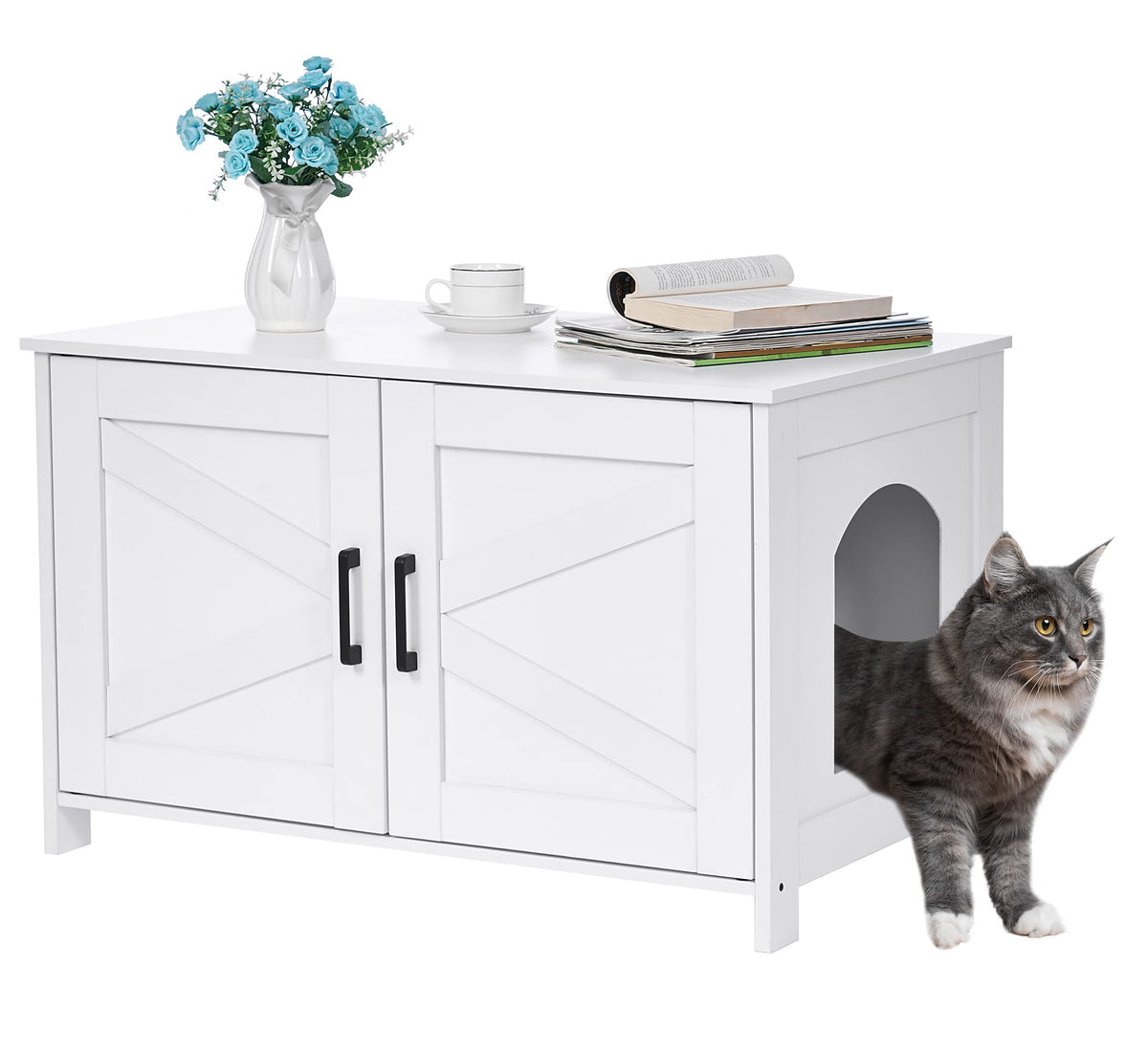 Homhedy cat litter box enclosure with wooden barn door hides litter and reduces odors.