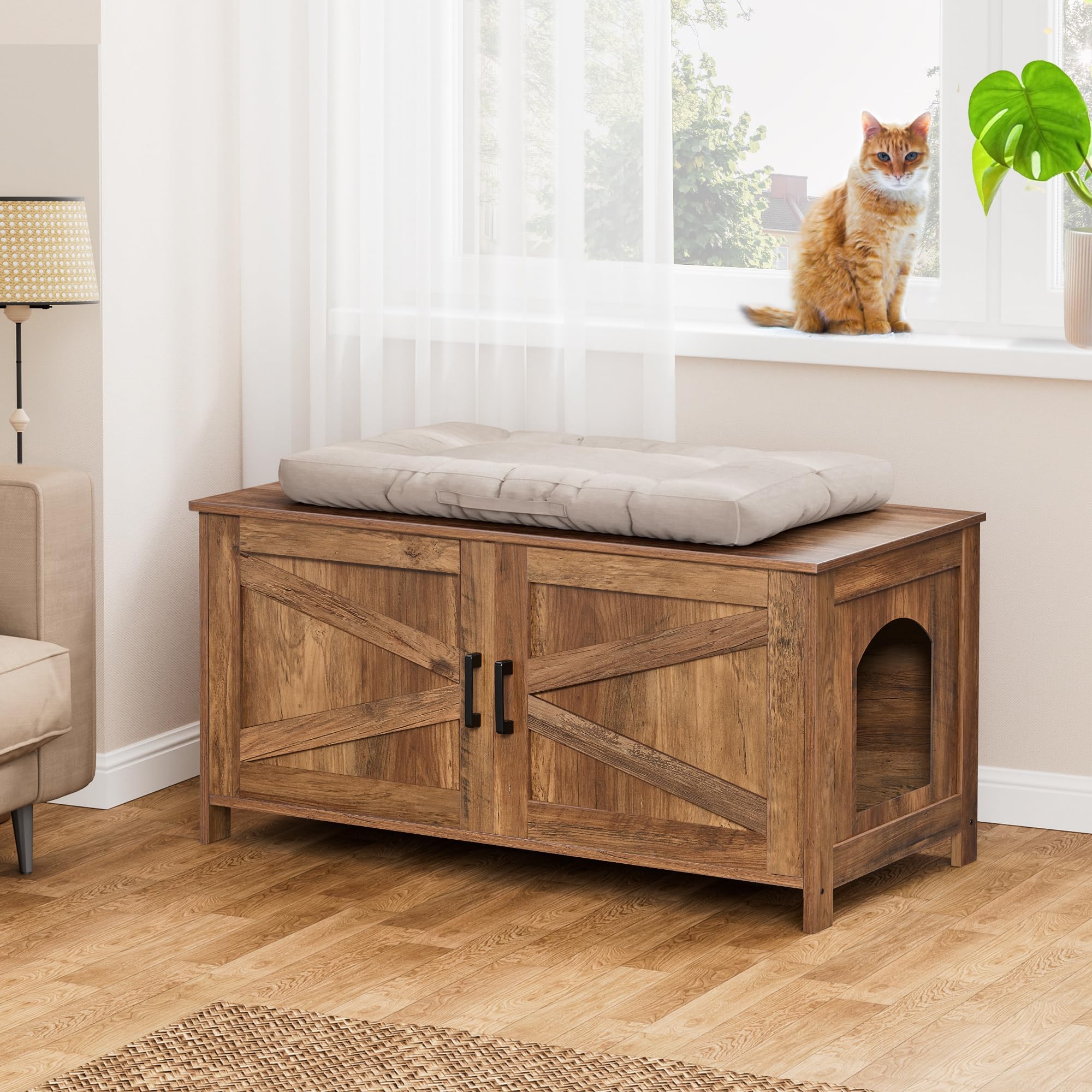 Homhedy double cabinet doors close-up highlights convenient litter scooping storage