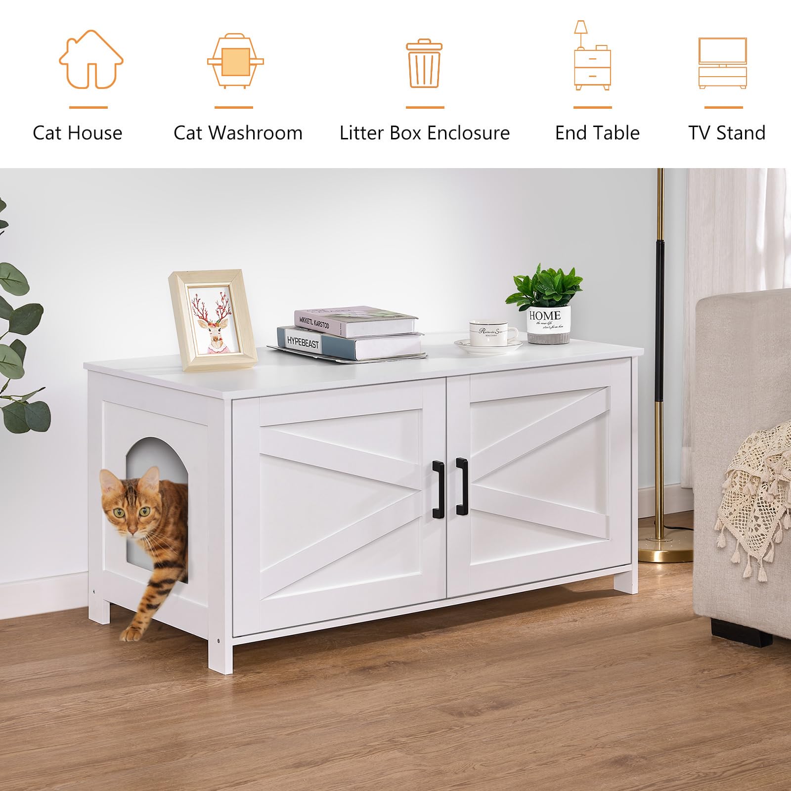 Homhedy end table vibe shows furniture versatility as cat house and coffee table.