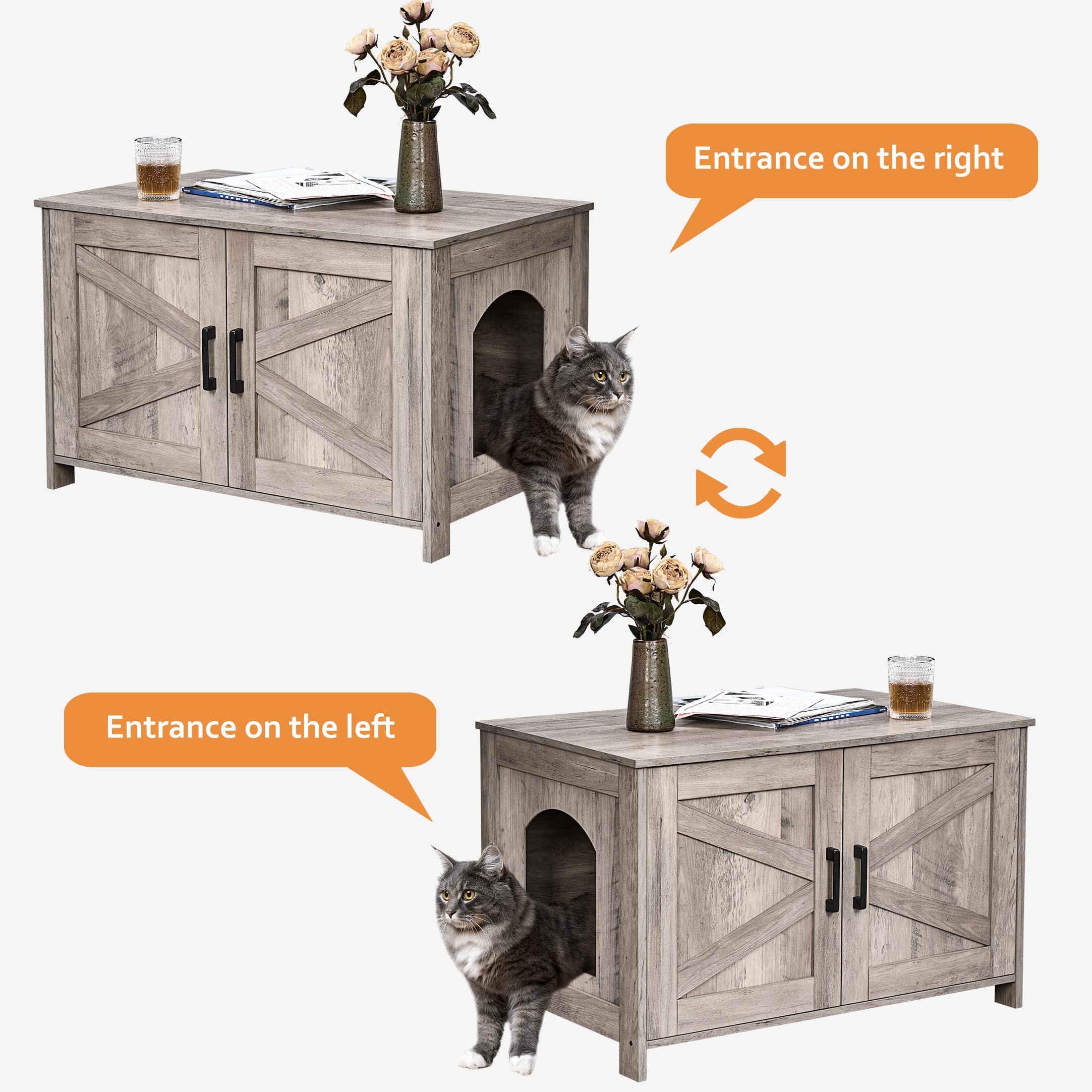 Homhedy litter box enclosure double doors; easy scooping and food storage