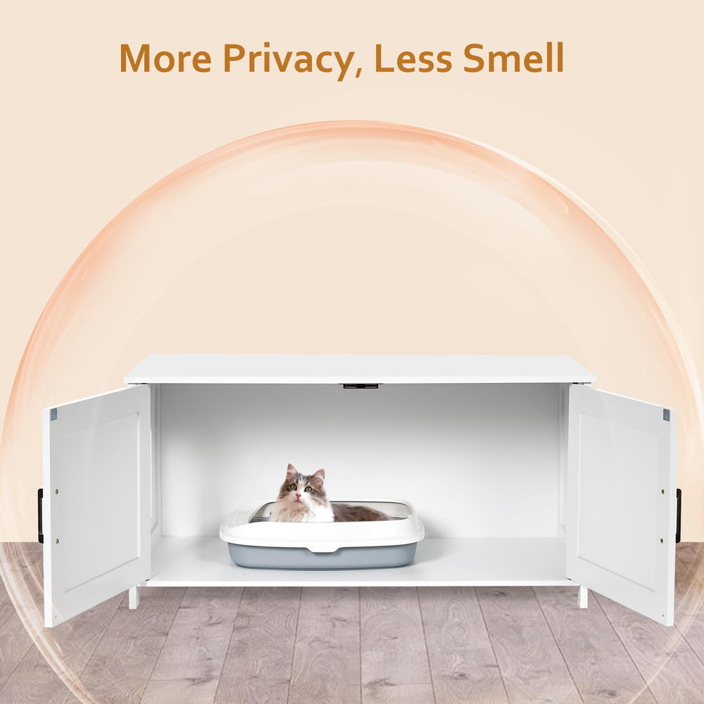 Homhedy wooden pet house with barn door demonstrates discreet, stylish housing for litter boxes.