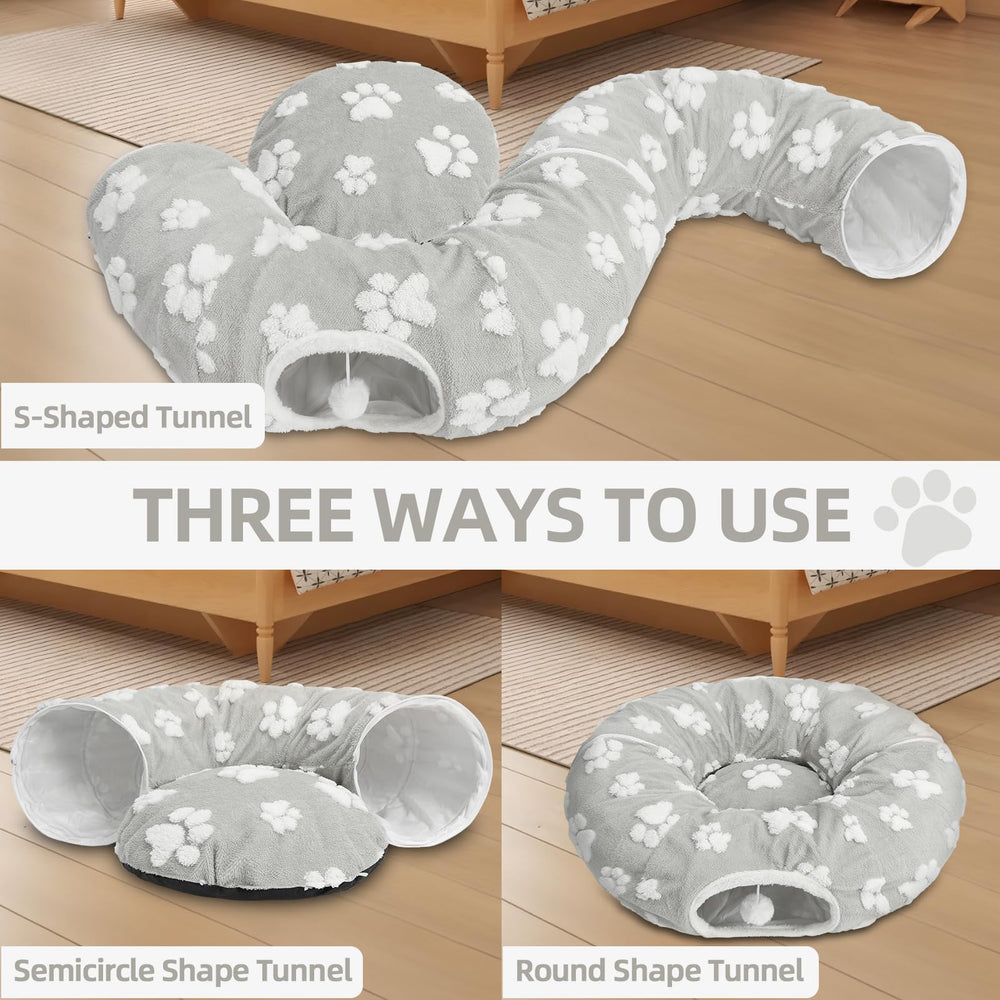 Homimp cat tunnel bed with hanging ball provides interactive playtime.