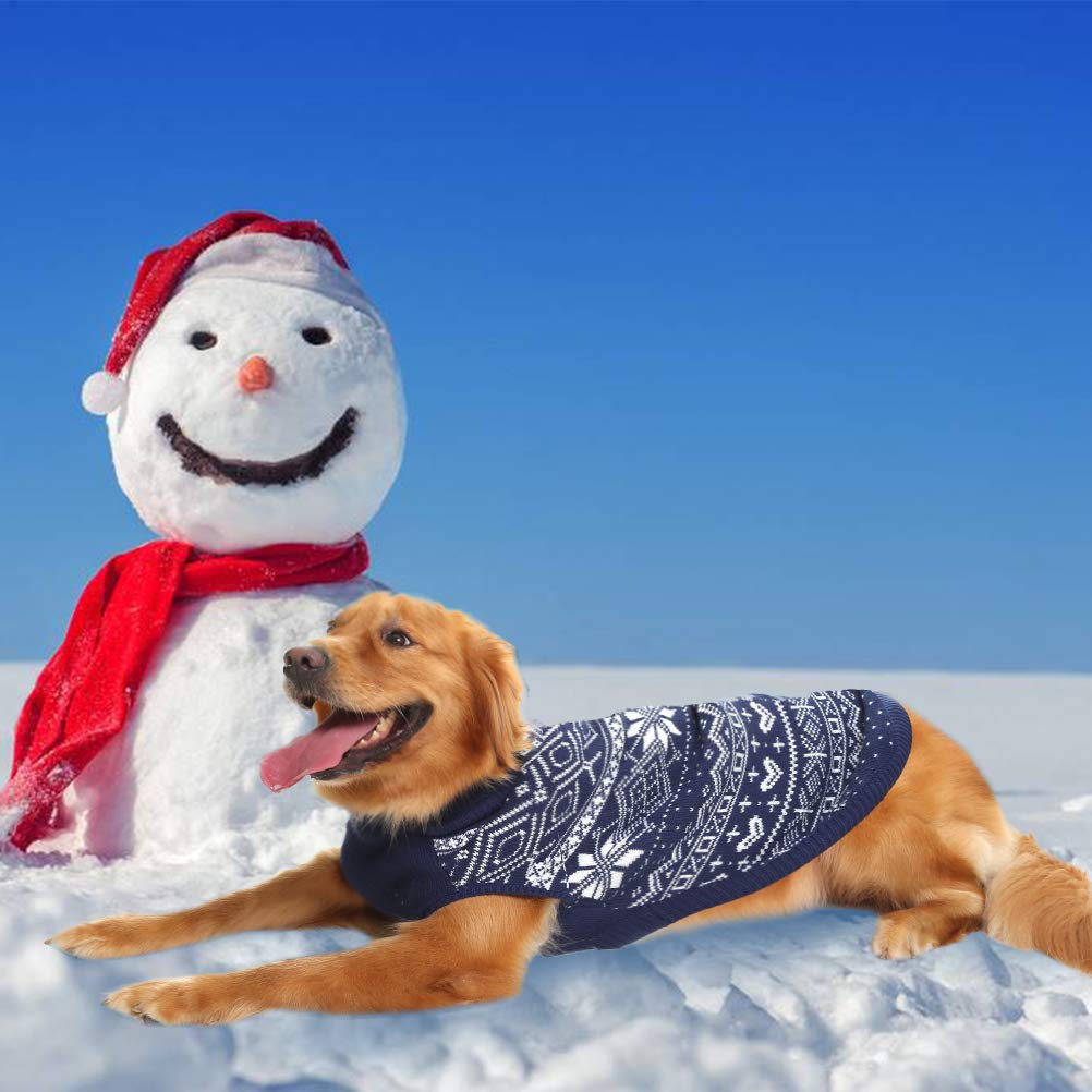 Homimp Dog Sweater Argyle Blue side view signals easy-care fabric for quick cleanups.