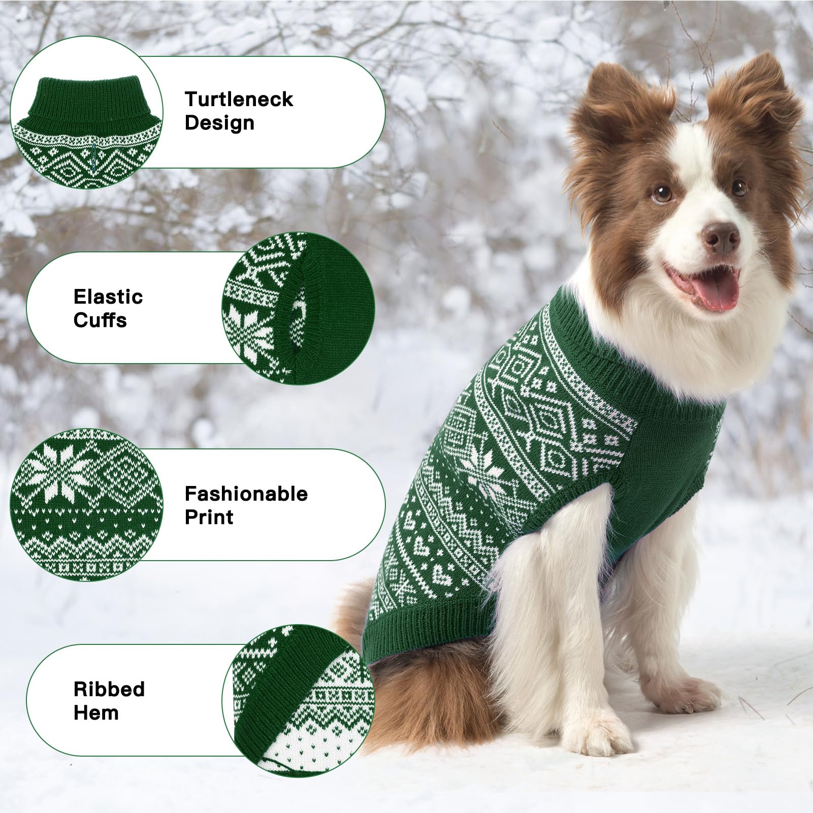 Homimp puppy wearing argyle-green sweater demonstrates easy-on, comfy fit.