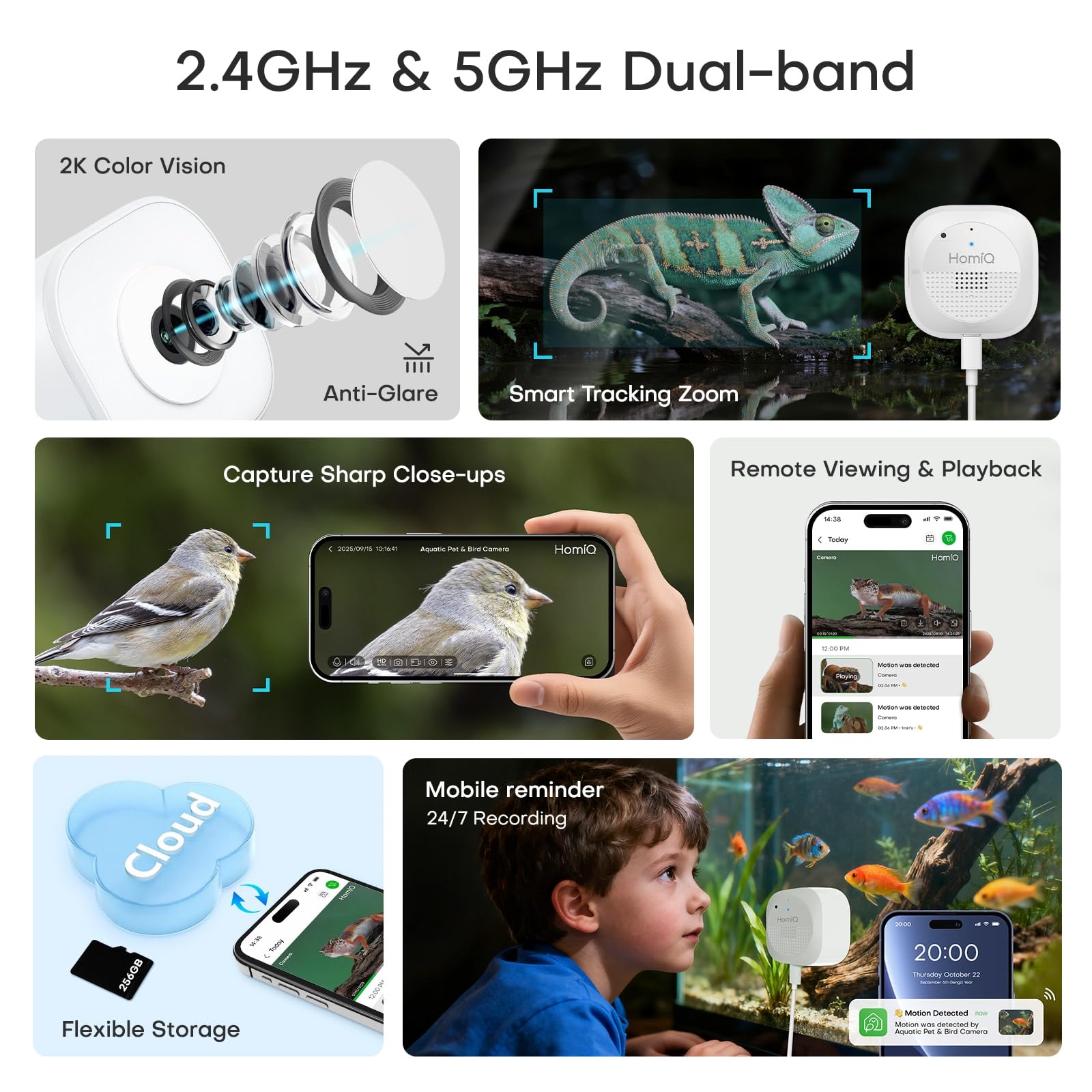 HomiQ reptile camera AI motion alerts with two-way audio for quick monitoring.