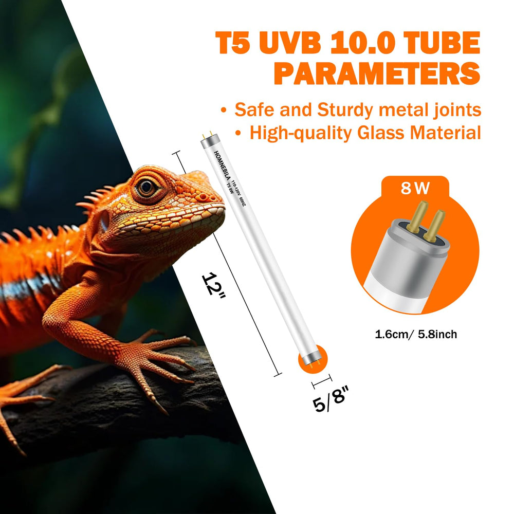Homnebila T5 UVB light tube 12-inch closeup shows durable build for reliable reptile lighting.
