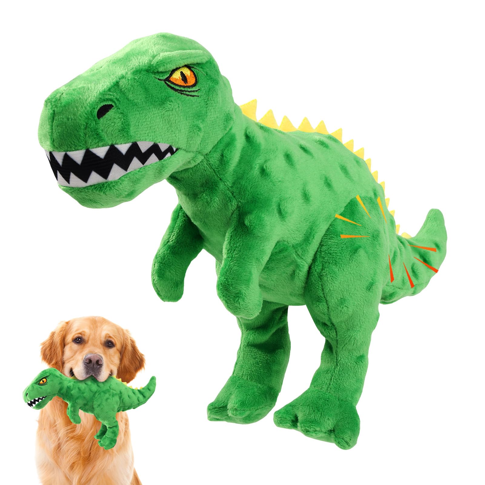 Homounter dinosaur plush toy in action for large dogs promoting durable play.