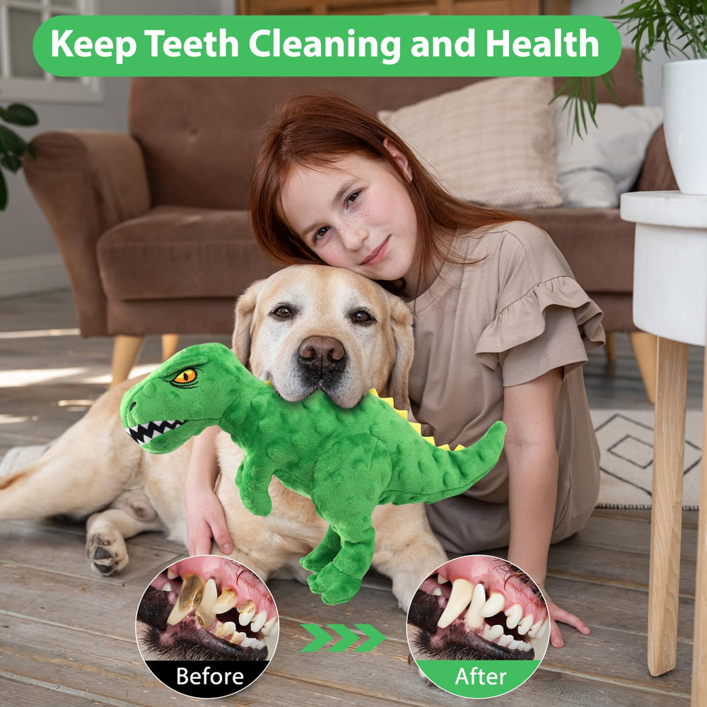 Homounter dinosaur plush toy features soft, non-toxic fabric comfortable for puppies and dogs.