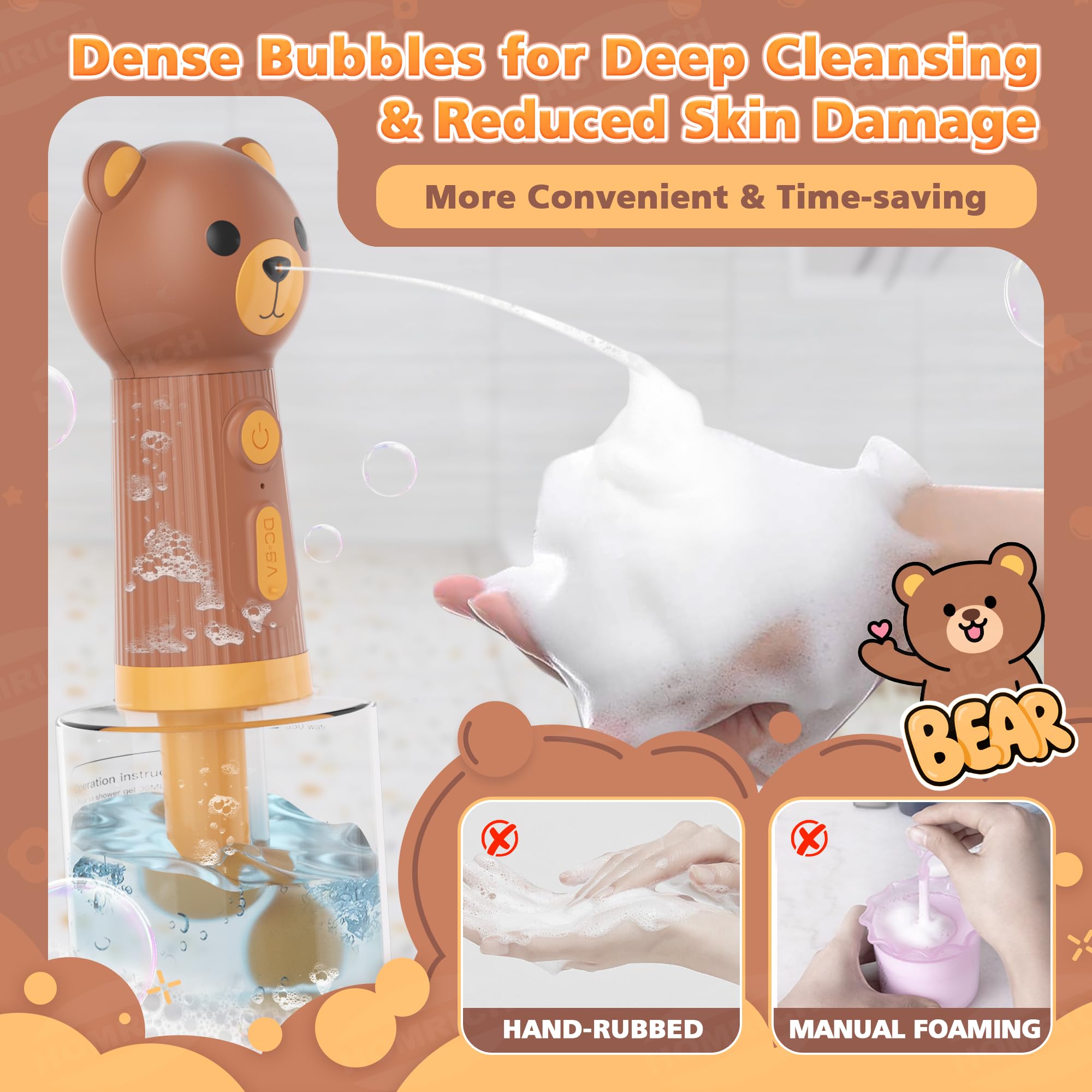 Homrich 400ml foam dispenser showcases ample capacity for longer baths.
