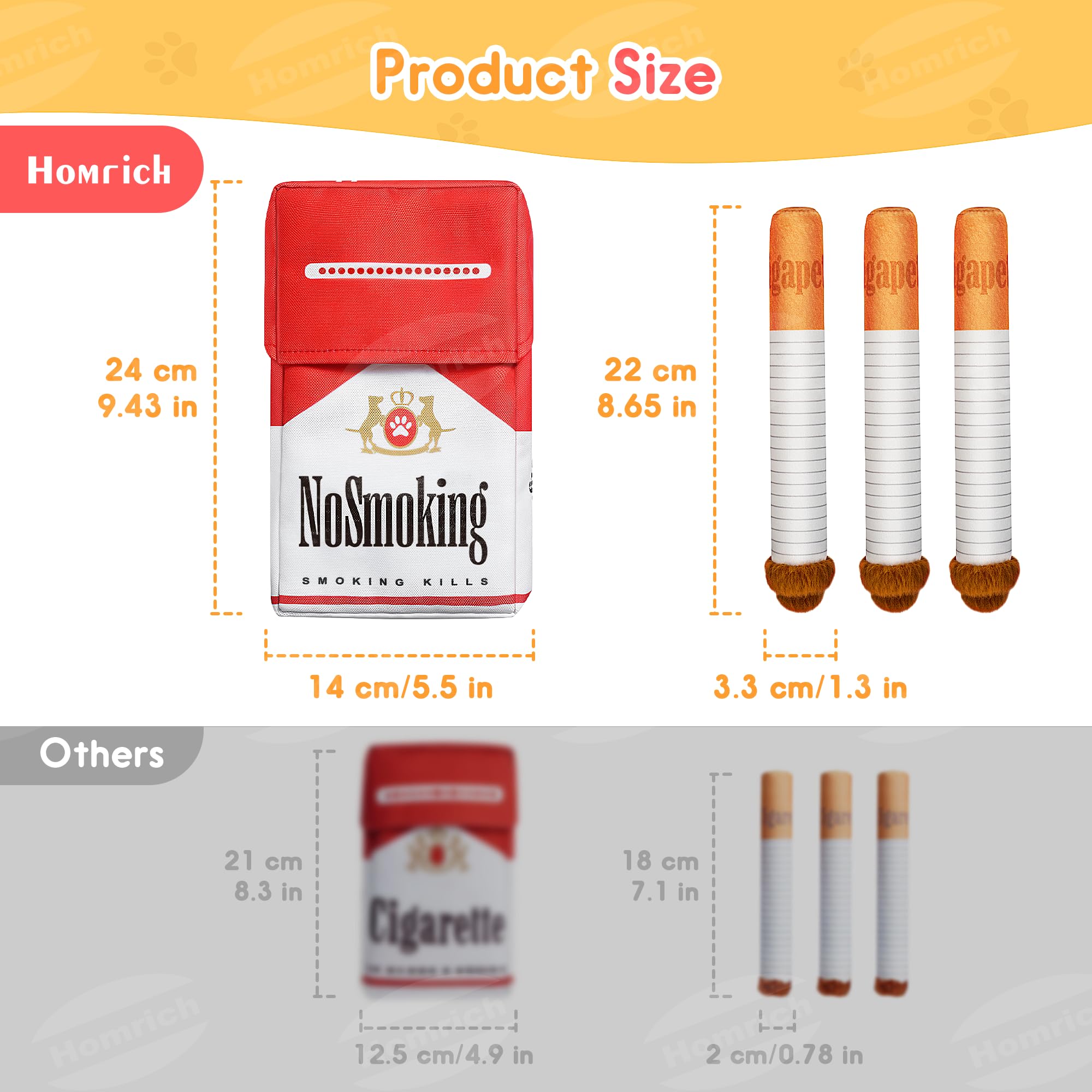 Homrich Cigarette Dog Toy Squeaker, dog-safe rubber for curious chewers.