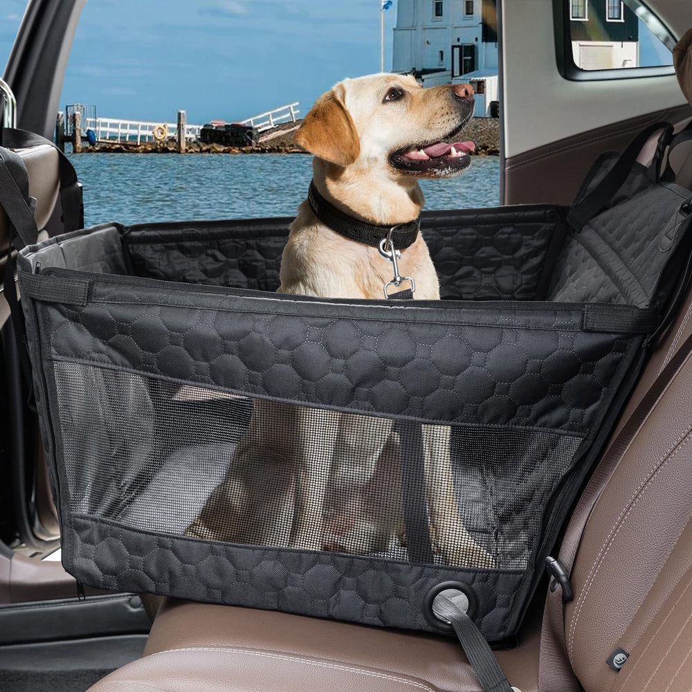 Homsunyi dog car seat cover back-seat assembly demonstrates sturdy setup for safe travels.