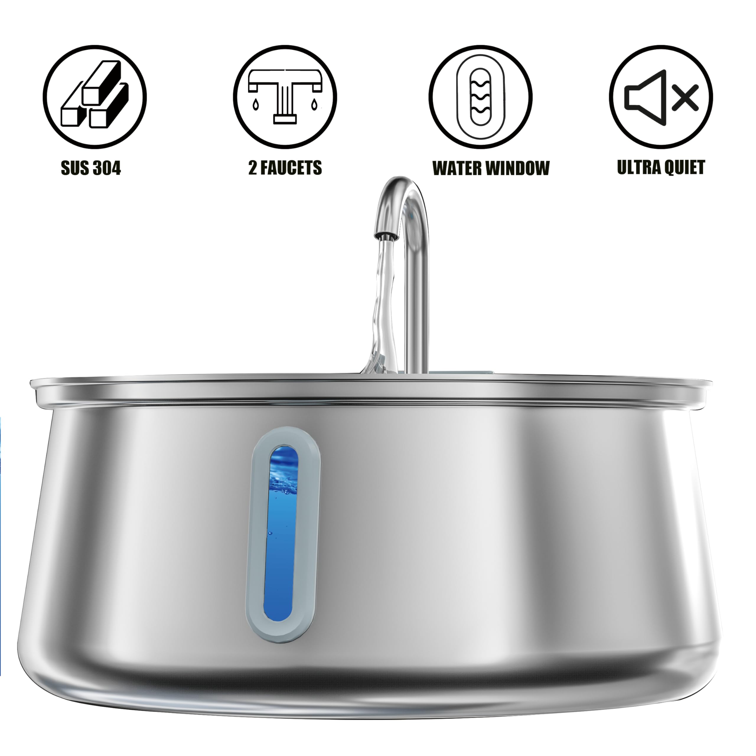 Homtyler stainless steel fountain side view showcases sleek design and capacity.