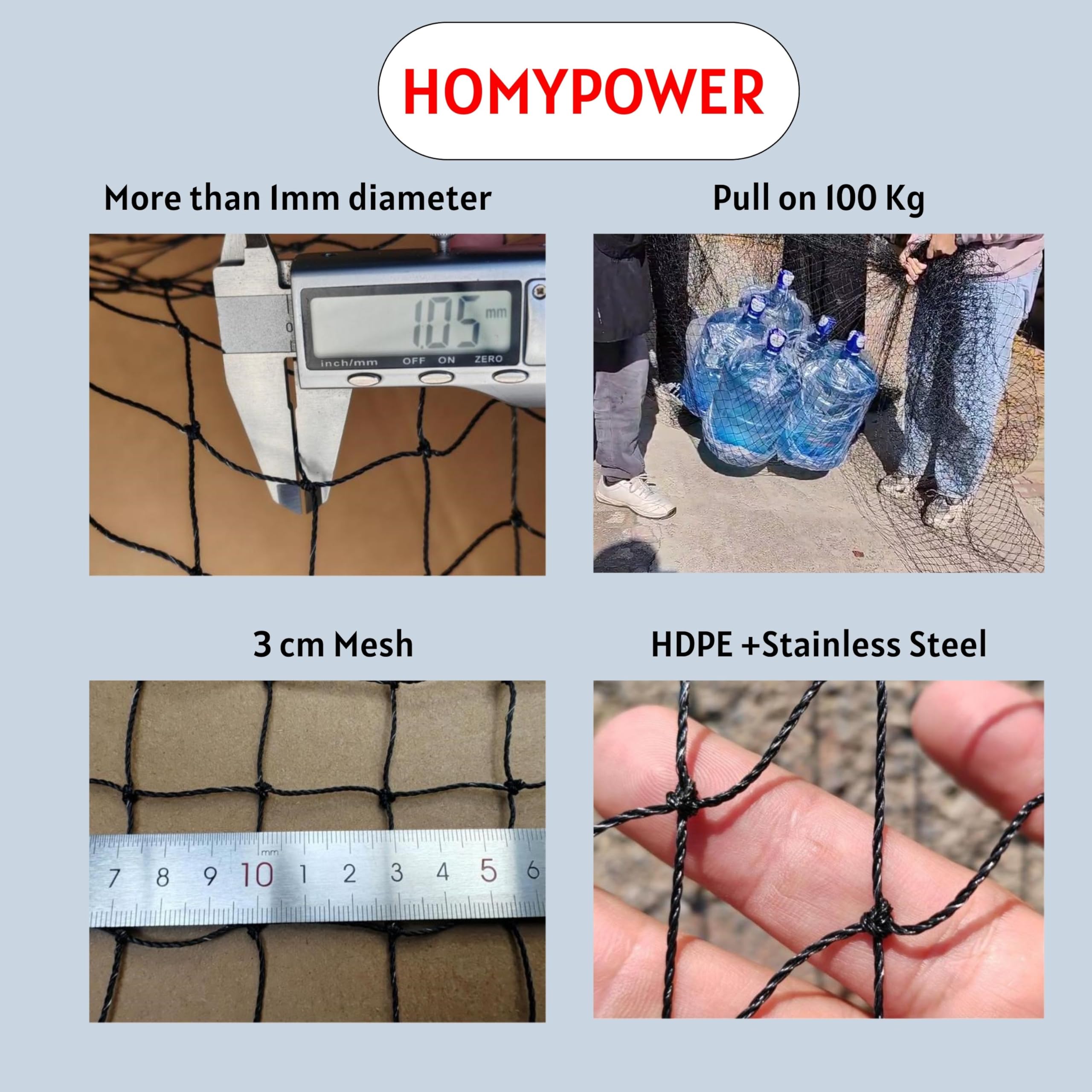 HOMYPOWER mesh with 3x3 cm holes preserves view and ventilation.