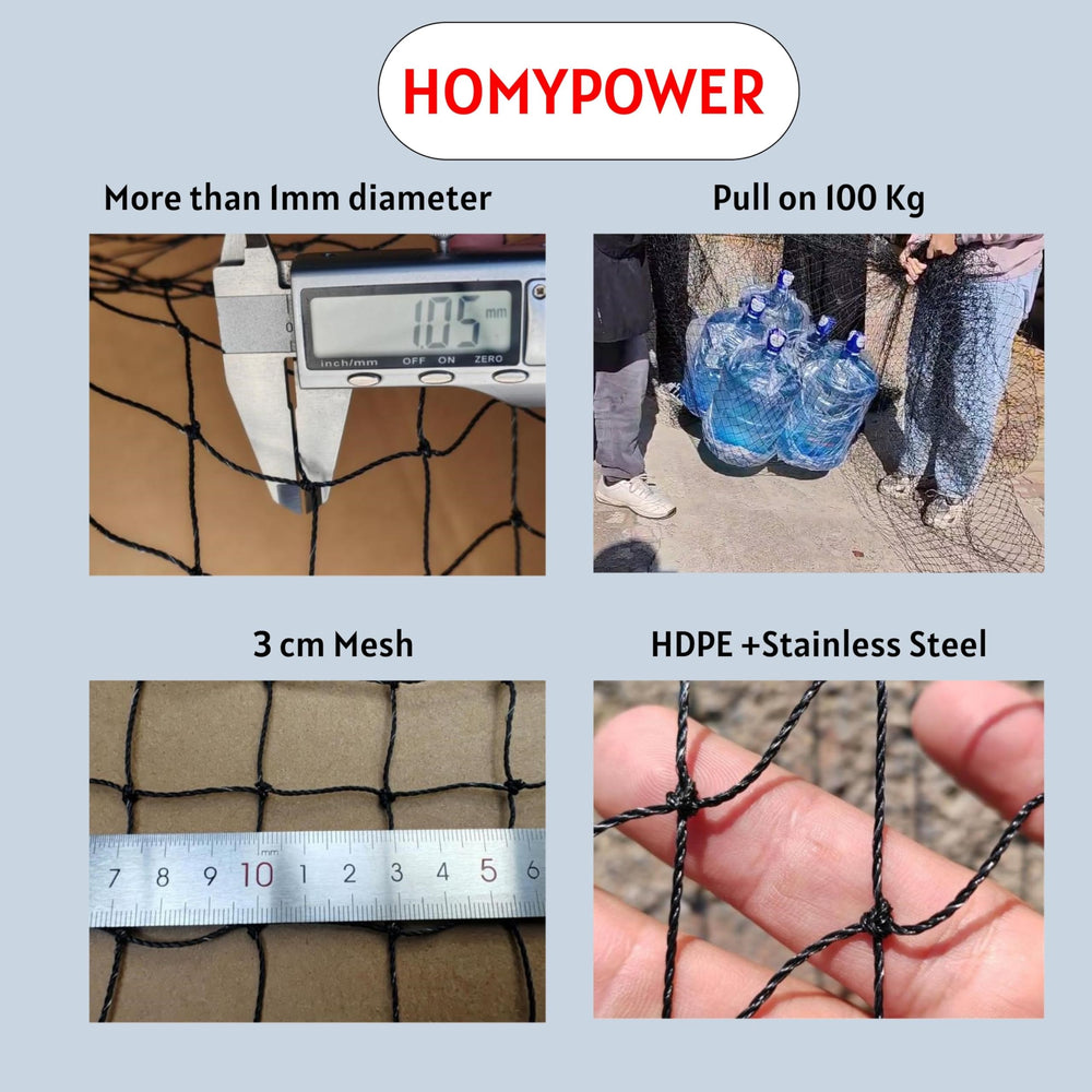 HOMYPOWER mesh with 3x3 cm holes preserves view and ventilation.