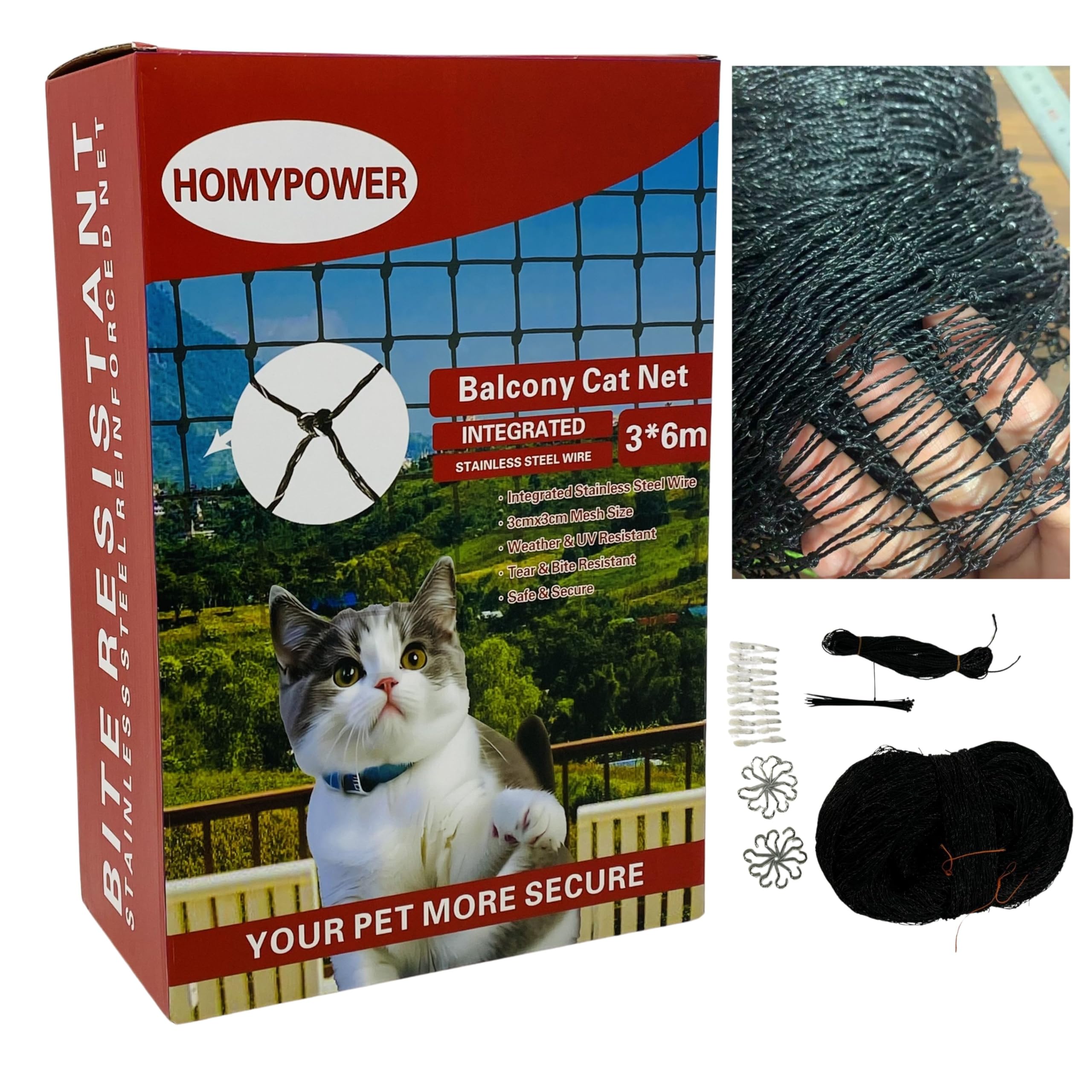 HOMYPOWER cat netting balcony setup shows secure fence and clear outdoor view.